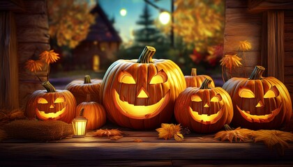 Fototapeta premium Carved Pumpkin Jack-O'-Lanterns: A close-up of several intricately carved pumpkins with different expressions (scary, funny, surprised) glowing with candles inside. They are placed on a rustic wooden 