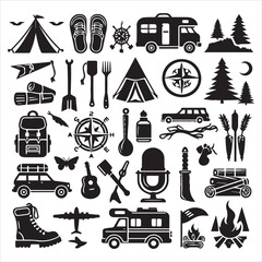 Camping Round Compositions bundle silhouette elements set in a white background 
