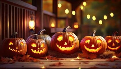 Fototapeta premium Carved Pumpkin Jack-O'-Lanterns: A close-up of several intricately carved pumpkins with different expressions (scary, funny, surprised) glowing with candles inside. They are placed on a rustic wooden 