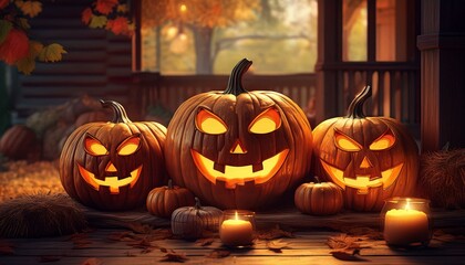 Obraz premium Carved Pumpkin Jack-O'-Lanterns: A close-up of several intricately carved pumpkins with different expressions (scary, funny, surprised) glowing with candles inside. They are placed on a rustic wooden 