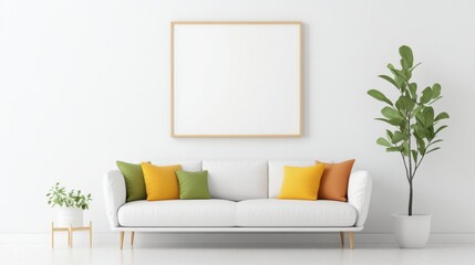 Minimalist living room featuring a white sofa adorned with colorful cushions, complemented by potted plants and a blank frame, creating a bright and airy ambiance