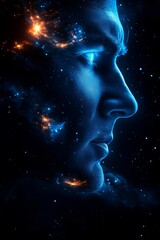 Side profile of a man with a cosmic backdrop of stars and galaxies.