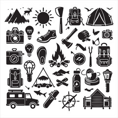 Camping Round Compositions bundle silhouette elements set in a white background 