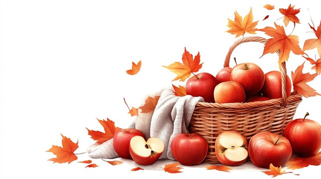 Autumn picnic basket clipart, entire basket, fall element, watercolor illustration, crisp details, filled with apples and blankets, isolated on white background