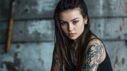 Fototapeta premium Candid Portrait of Woman with Tattoos in Urban Setting