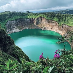 Obraz premium The contrasting colors of Kelimutu crater lakes, with the steep cliffs and lush forest creating a dramatic backdrop