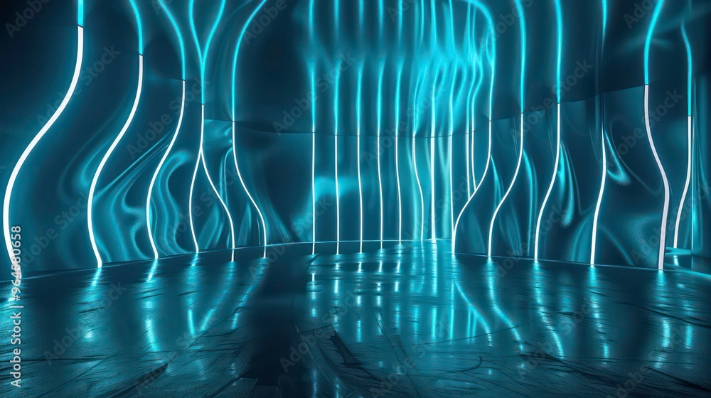 Sticker abstract futuristic space with glowing lines and reflective floor.