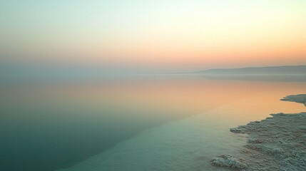 Fototapeta premium The Dead Sea's shoreline at dawn, with the first light of day illuminating the salt formations and calm waters.