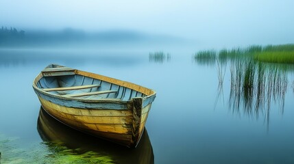 Obraz premium A Solitary Wooden Rowboat on a Foggy Lake
