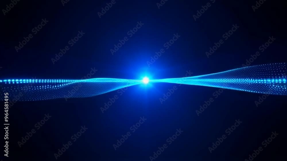 Poster a futuristic blue light wave, glowing and pulsating in a dark digital space.