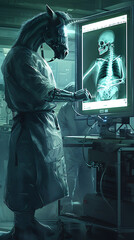 Fototapeta premium Equine Medicine: Centaur Doctor Analyzing Digital Radiographs in Hospital Setting