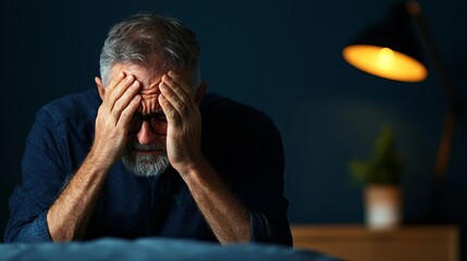 A middle-aged man in a modern bedroom, sitting up in bed with his head in his hands, clearly struggling to sleep due to stress