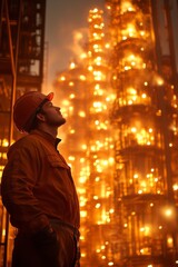 Obraz premium Man in an orange uniform and helmet stands in awe of a fiery backdrop in an industrial setting.