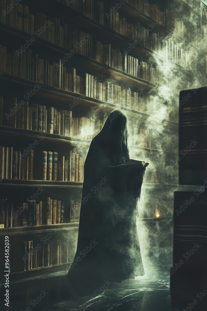 Poster a shadowy figure in a library, surrounded by mist, reading from an ancient book, evoking a mysteriou