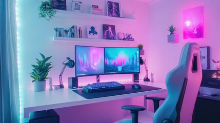 dual monitor modern gaming room with ergonomic gaming chair in pink