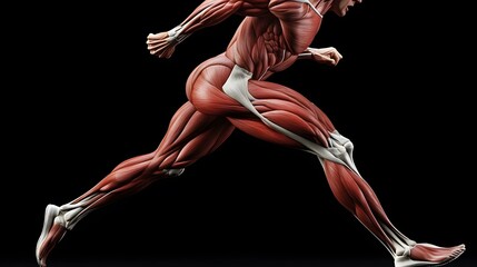Muscular System Highlighted in Motion: A dynamic illustration of the muscular system during a running motion, focusing on the leg muscles as they contract and extend.
