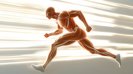 Muscular System Highlighted in Motion: A dynamic illustration of the muscular system during a running motion, focusing on the leg muscles as they contract and extend.
