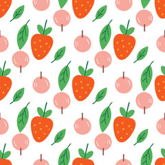 A pattern of fruits and vegetables with hearts and leaves. The pattern is colorful and playful. The idea behind the pattern is to create a fun and cheerful design that incorporates elements of nature