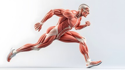 Muscular System Highlighted in Motion: A dynamic illustration of the muscular system during a running motion, focusing on the leg muscles as they contract and extend.
