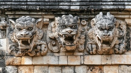 Obraz premium The detailed stone carvings on the Temple of the Jaguars at Chichen Itza, showing jaguars and Mayan symbols.