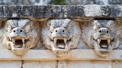 Obraz premium The detailed stone serpent heads at the base of the Kukulkan Pyramid in Chichen Itza, representing the feathered serpent deity.