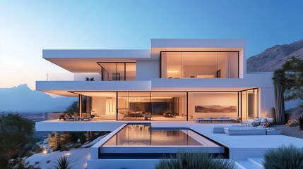 Fototapeta premium A modern white mansion with a pool in the desert at dusk, featuring glass windows and doors, minimalist architecture, and a cinematic, architectural visualization