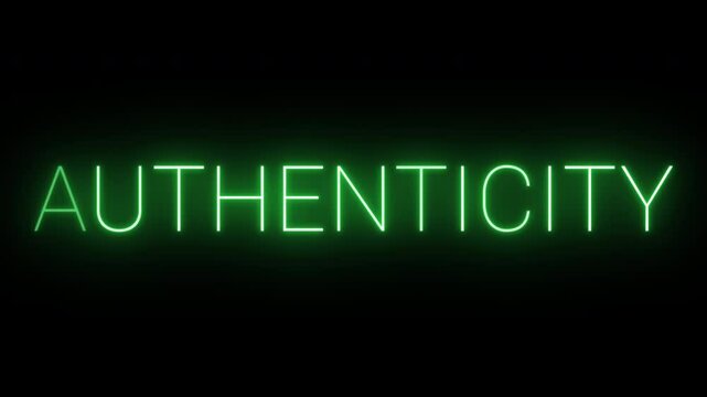 Flickering neon green glowing authenticity text animated on black background