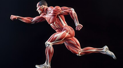 Muscular System Highlighted in Motion: A dynamic illustration of the muscular system during a running motion, focusing on the leg muscles as they contract and extend.
