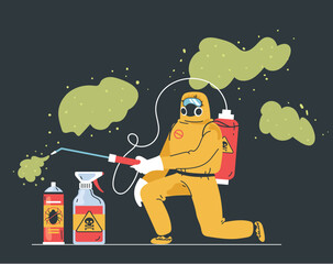 Disinfection insect repellent treatment, rodent control worker and tool service concept 