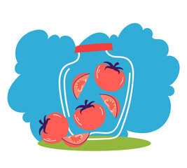 Pickles cucumber and tomatoes in jar simple line style isolated concept 