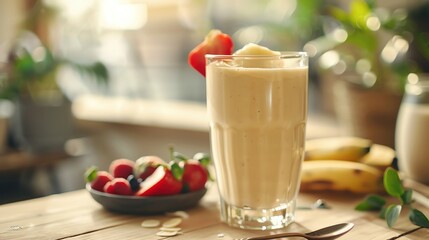 A high-resolution image of a creamy smoothie served in a clear glass with a slice of fruit on the rim