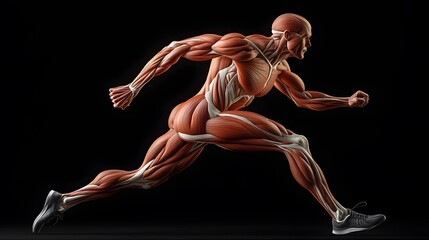 Obraz premium Muscular System Highlighted in Motion: A dynamic illustration of the muscular system during a running motion, focusing on the leg muscles as they contract and extend. 