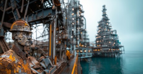 A surreal metallic figure on an industrial platform, surrounded by oil rigs under moody skies.