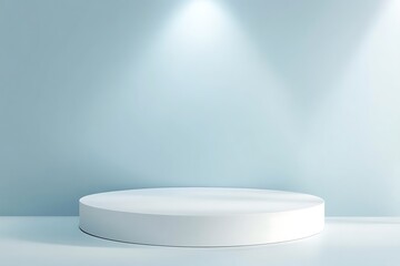White platform sits on a light blue floor with soft shadows cast from an unseen window. 
