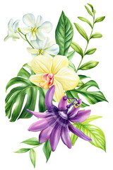 Bouquet flowers watercolor botanical painting isolated. Tropical leaves yellow orchid, violet passionflower paradise 