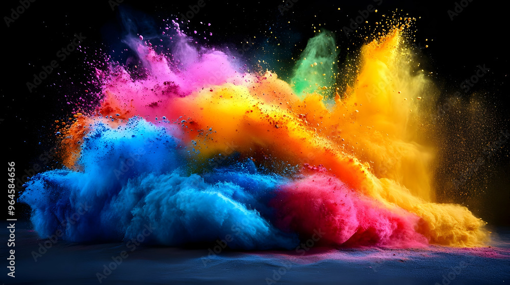 Poster a vibrant explosion of colored powder creating an artistic and dynamic visual effect.