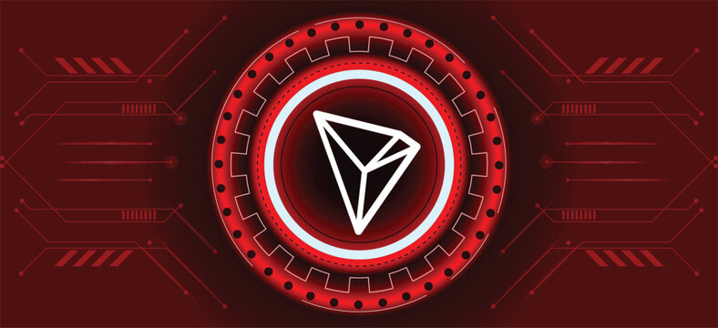 Tron coin symbol with crypto currency red background design. Modern neon color banner for Tron or TRX icon. Cryptocurrency Blockchain technology, digital innovation, red gradient.