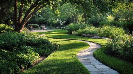 Garden stone walkway with lighted candles in the evening.landscape lawn with steping stone.photo