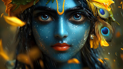 A vibrant portrait of a blue-skinned deity adorned with flowers and peacock feathers.