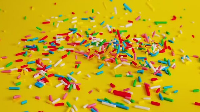 Rainbow colorful sprinkles falling on yellow background, decoration for cake and bakery, slow motion
