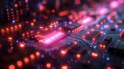 Futuristic Background with Glowing Circuit Board Elements and Neon Lights in a High-Tech Environment