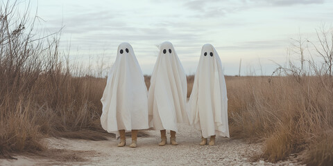 Halloween party concept. Full body portrait of three kids dressed like ghosts walking outside. Mystic atmosphere. Cold colors palette. Text space. Outdoor shot