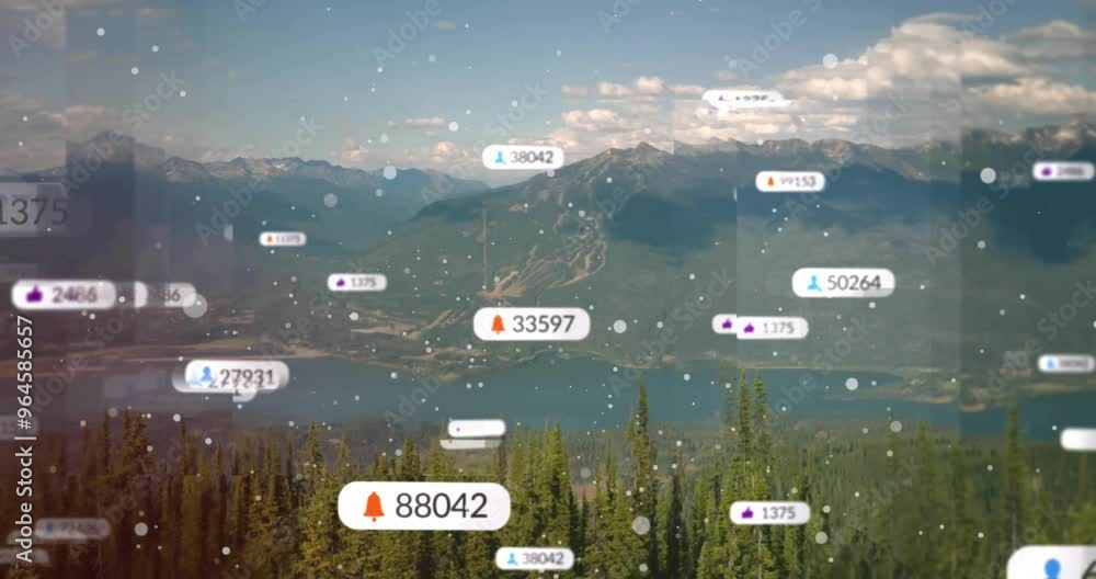 Poster animation of icons and data processing over landscape