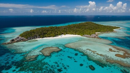 Stunning aerial view of a remote island with pristine beaches and clear turquoise waters.