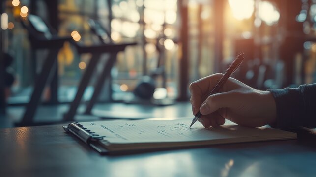 Close-up of a hand writing in a daily fitness log, soft lighting, blurred modern home gym in the background, photorealistic.