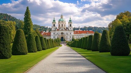 Fototapeta premium The entrance to the Strahov Monastery in Prague, with its Baroque architecture and beautifully manicured gardens.