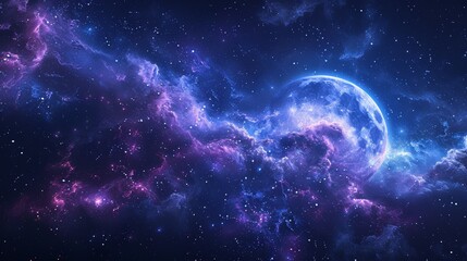 Fototapeta premium Stunning Cosmic Landscape with Vibrant Nebula and Distant Planet in Deep Space