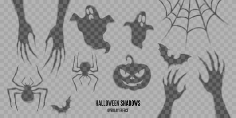 Halloween transparent shadows, overlay effect. Scary, spooky monster hands, ghosts, spiders, bats, pumpkin, spider web illustration. Vector decoration elements for halloween background, banners.