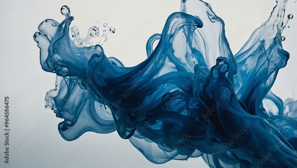 Poster swirling blue ink diffusing underwater, creating mesmerizing abstract patterns.
