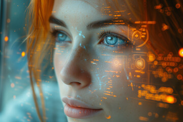 Portrait of a futuristic android woman with advanced technology data overlay 